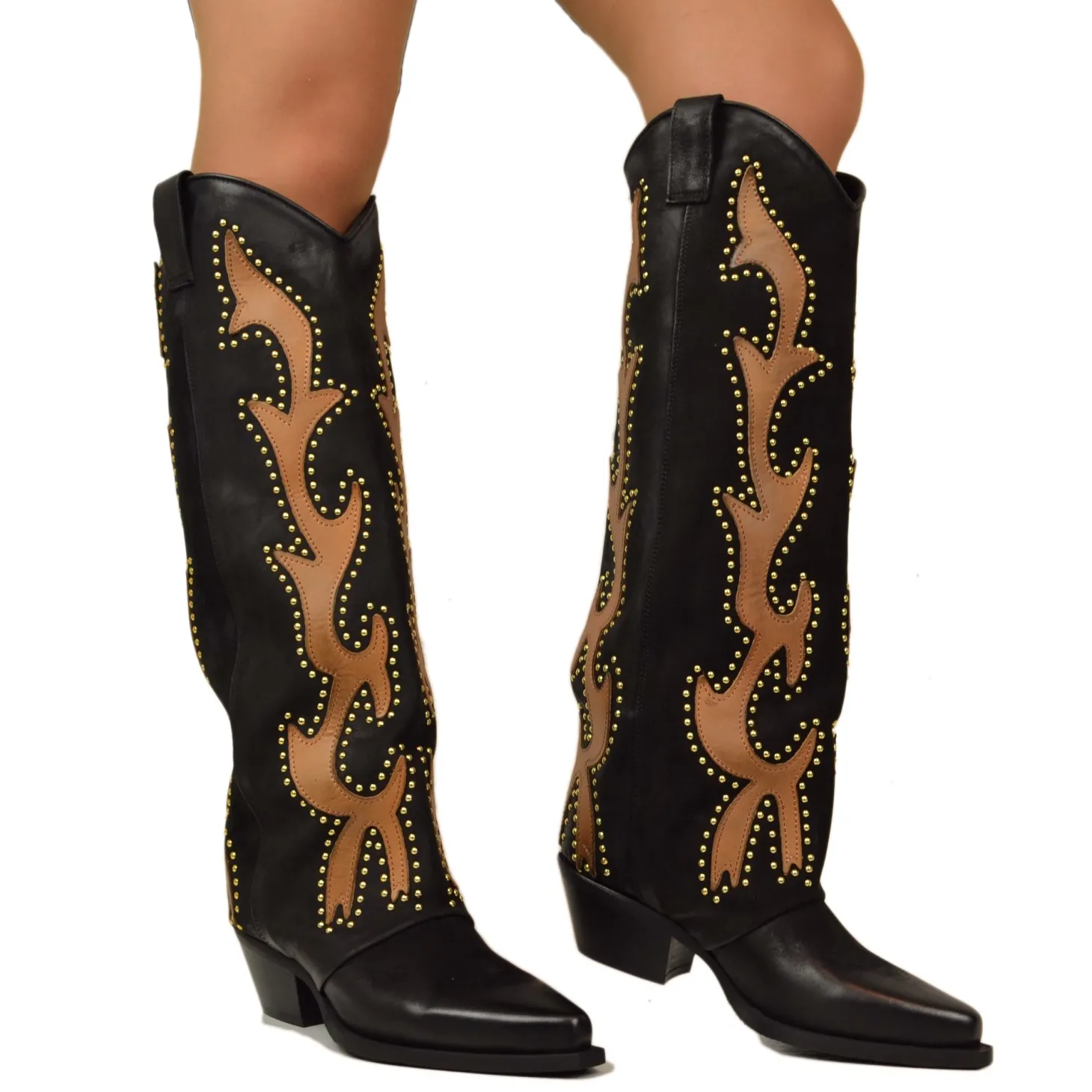 High Texans with Gold Studs and Leather Trim Nubuck Leather Western Bo