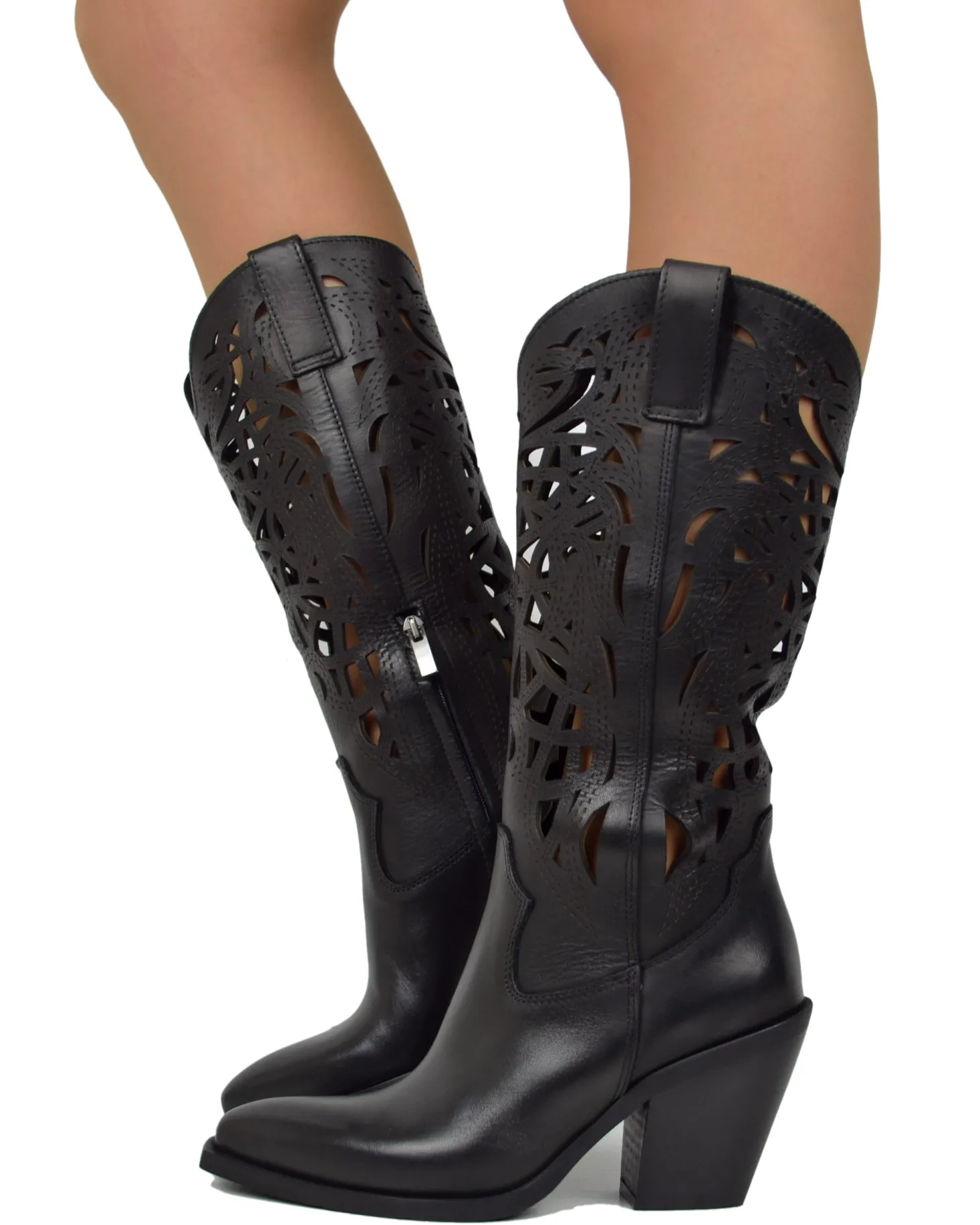 High-Heeled Perforated Cowboy Boots – 9 cm Heel, Genuine Leather, Made