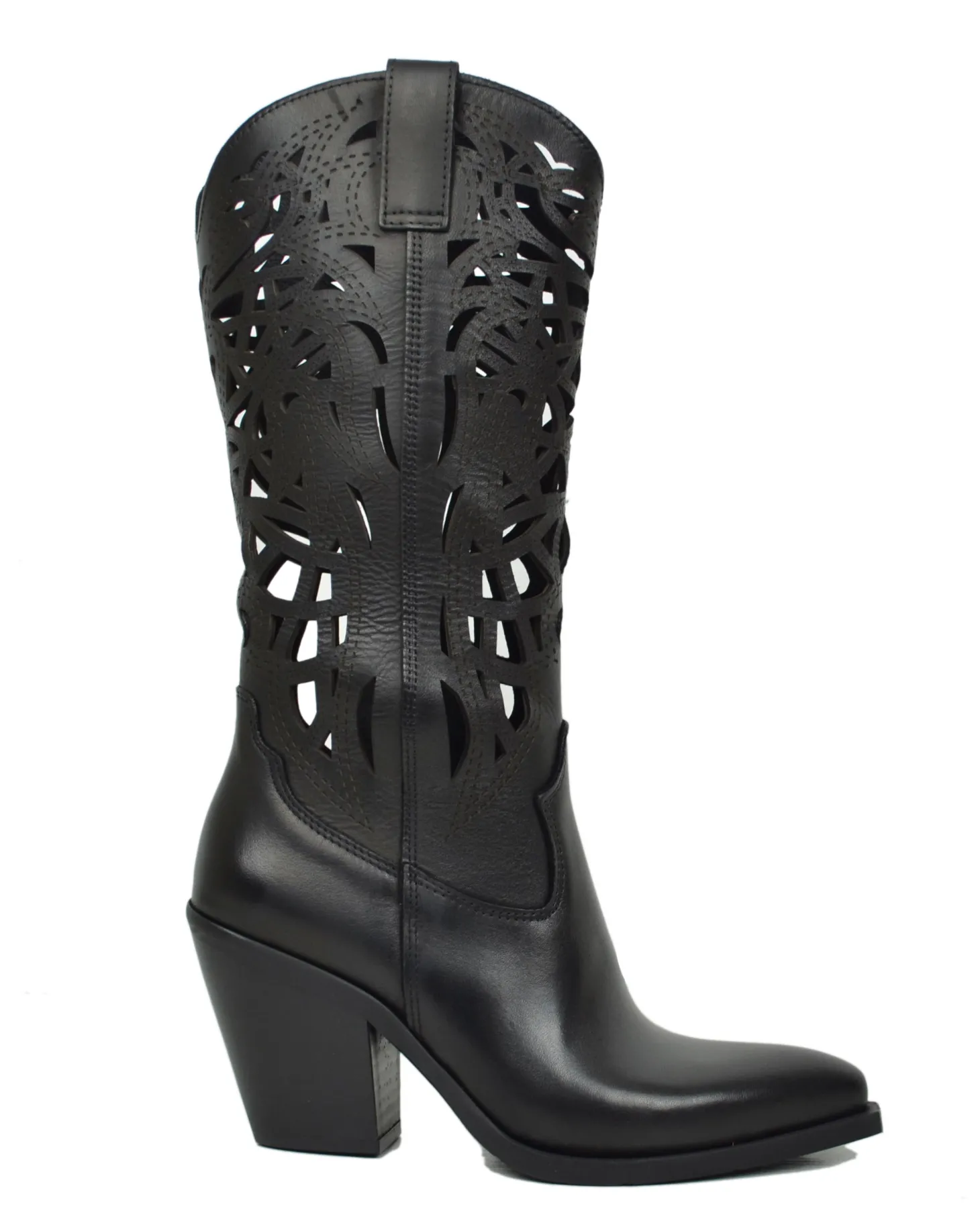 High-Heeled Perforated Cowboy Boots – 9 cm Heel, Genuine Leather, Made