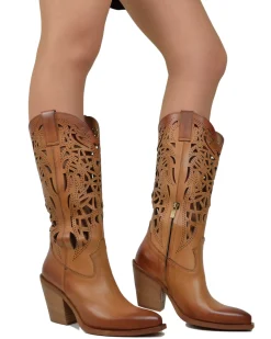 High-Heeled Perforated Cowboy Boots – 9 cm Heel, Genuine Leather, Made