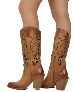 High-Heeled Perforated Cowboy Boots – 9 cm Heel, Genuine Leather, Made