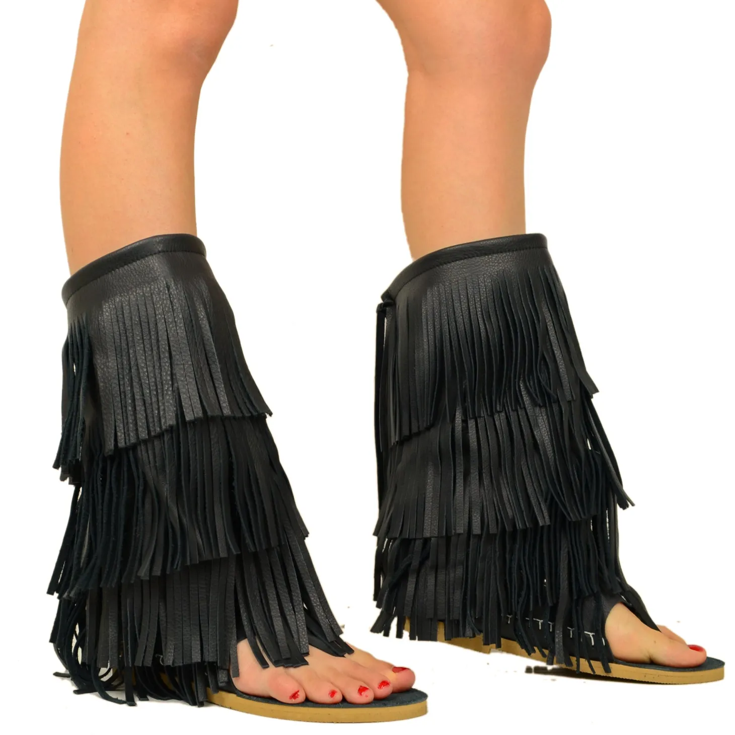 Indianini Infradito in Pelle Neri con Frange Made in Italy