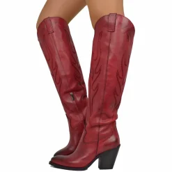 Knee High Texan Boots 9cm High Heel Genuine Leather Red