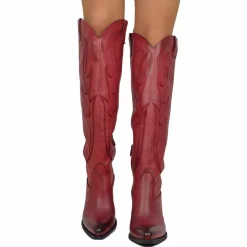 Knee High Texan Boots 9cm High Heel Genuine Leather Red