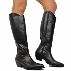 Knee High Texans in Genuine Leather with Side Zip Genuine Leather Blac
