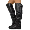 Knee-high boots in genuine leather with a soft shaft low heel and roun
