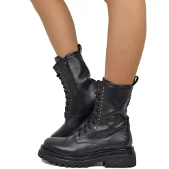 Lace Up Amphibian Boots with Silver Studs Genuine Leather Chunky Boots