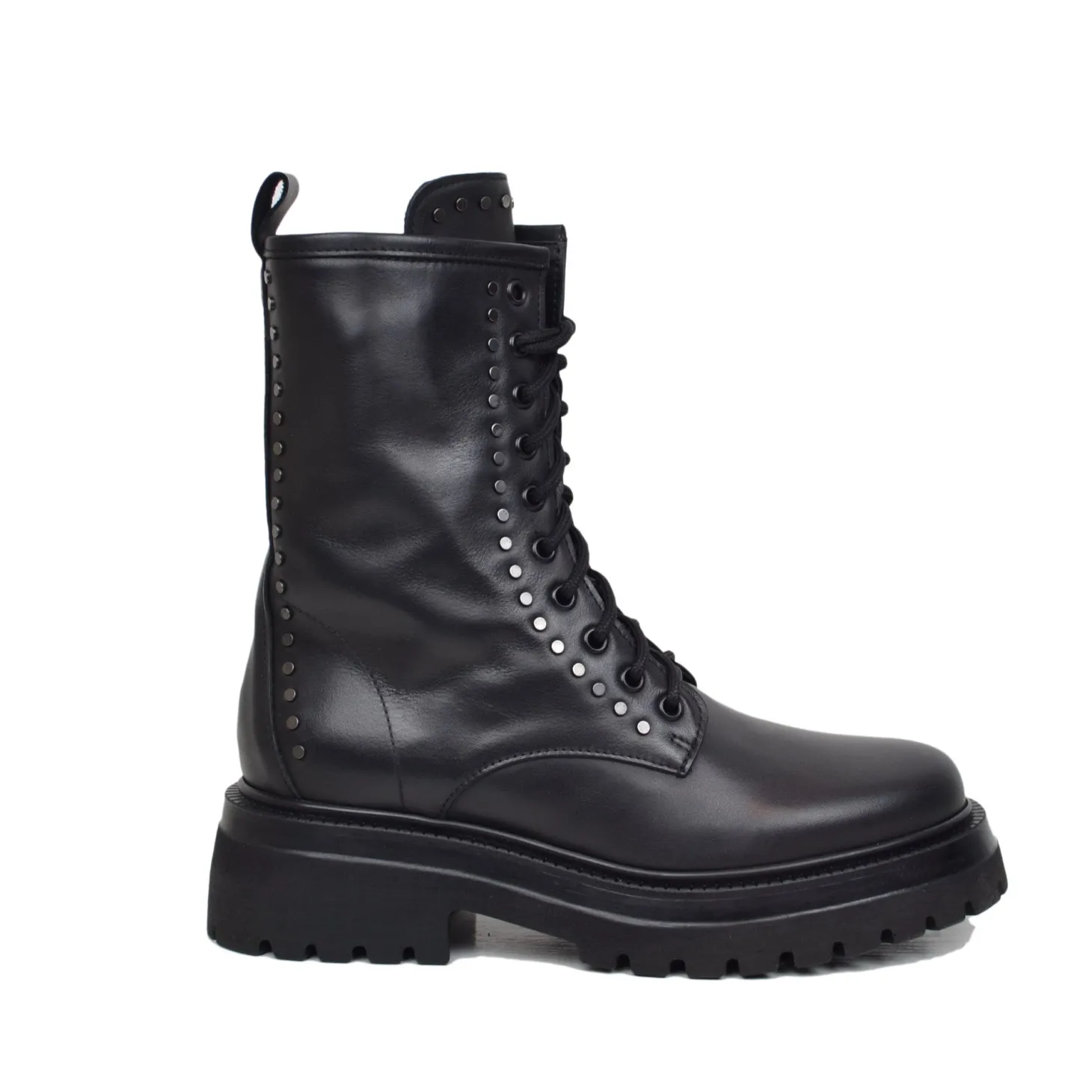 Lace Up Amphibian Boots with Silver Studs Genuine Leather Chunky Boots