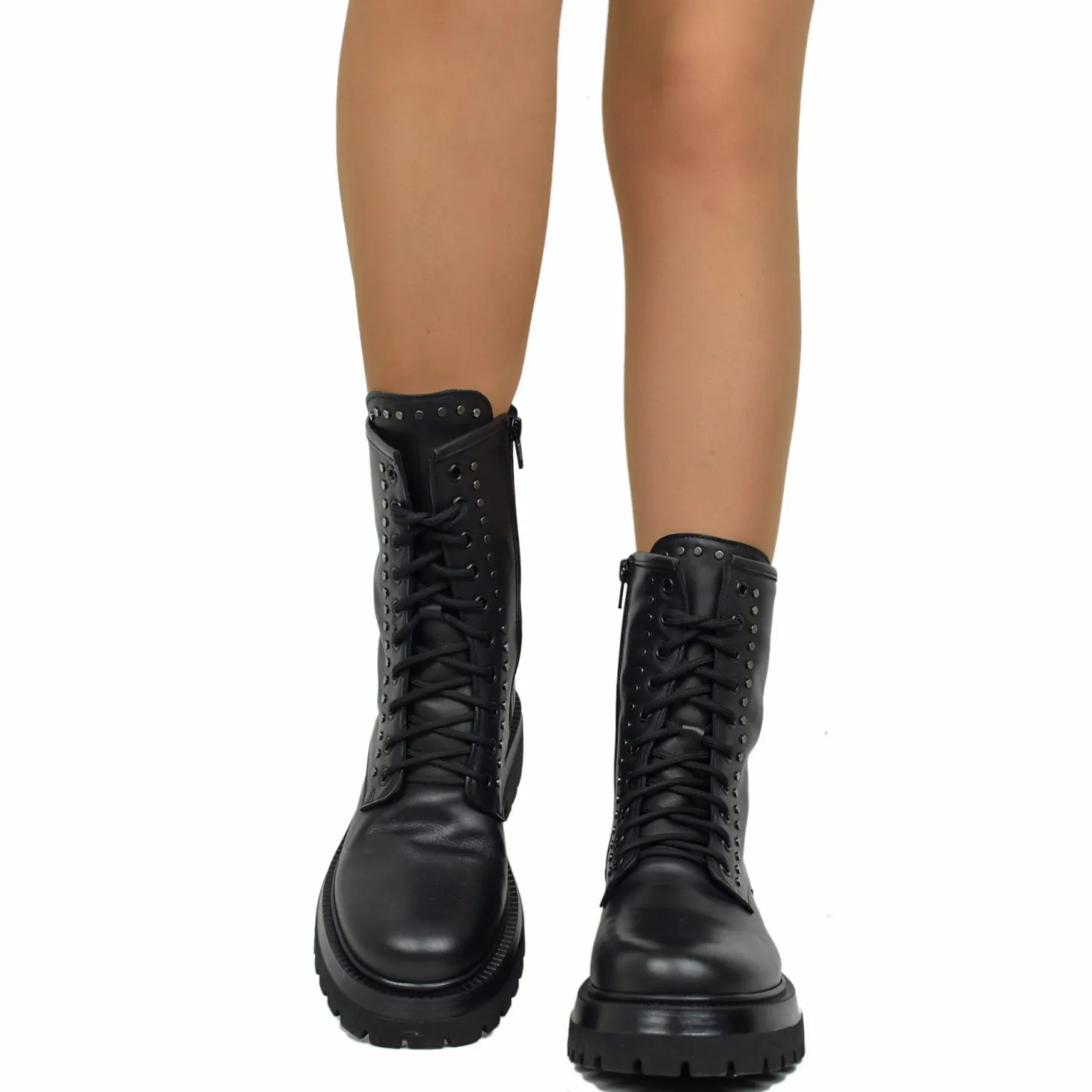 Lace Up Amphibian Boots with Silver Studs Genuine Leather Chunky Boots