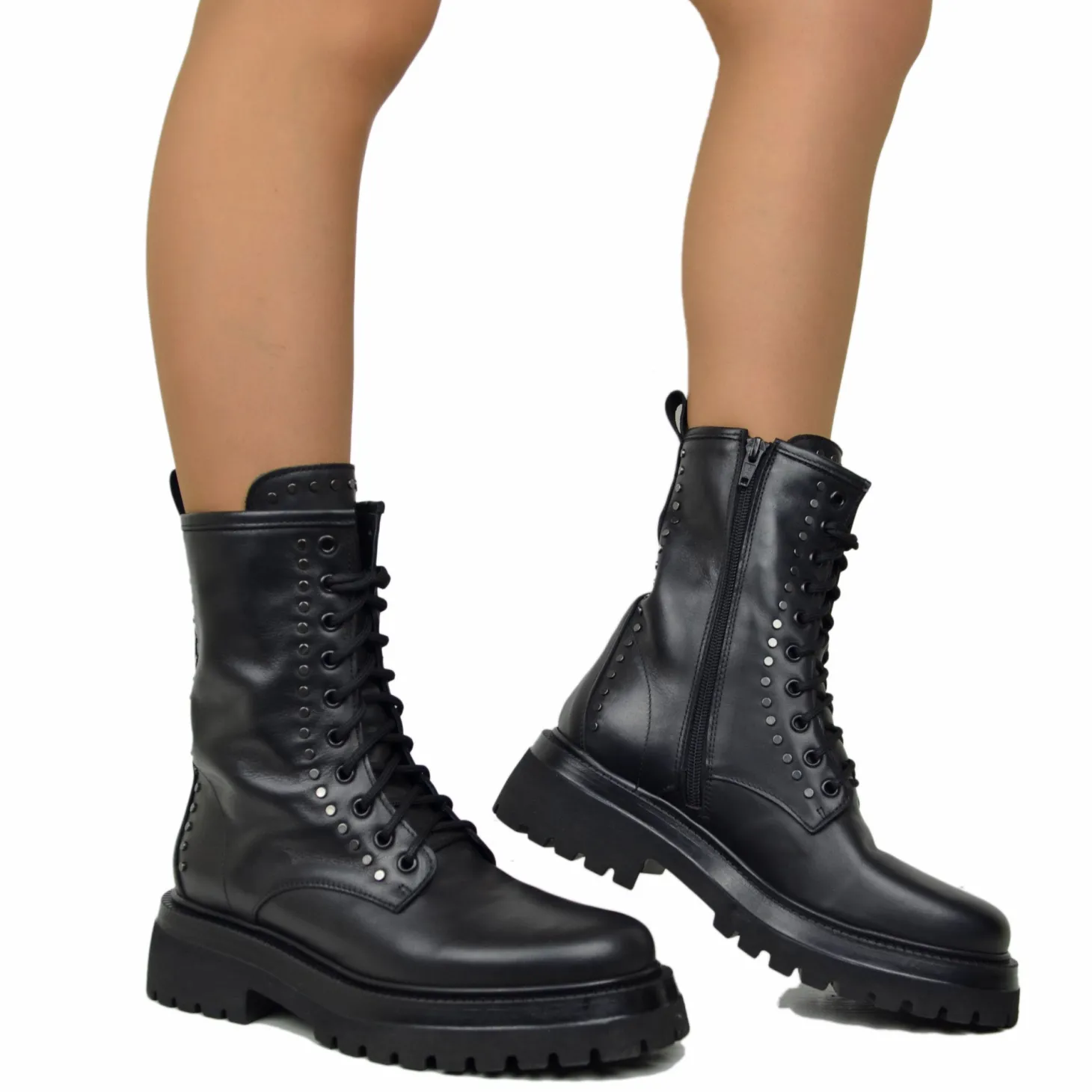 Lace Up Amphibian Boots with Silver Studs Genuine Leather Chunky Boots