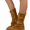 Lace-Up Suede Combat Boots with Gold Buckles – Leather Brown