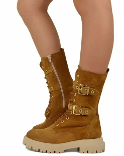 Lace-Up Suede Combat Boots with Gold Buckles – Leather Brown