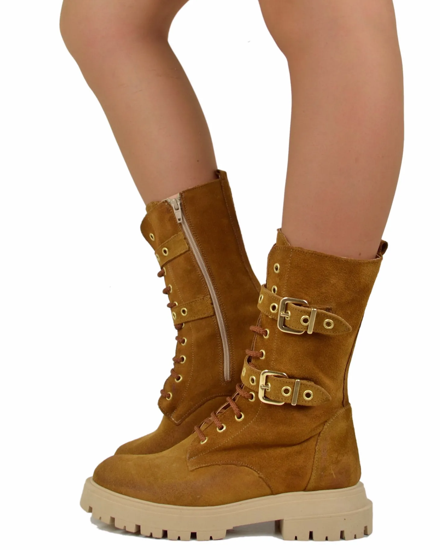 Lace-Up Suede Combat Boots with Gold Buckles – Leather Brown
