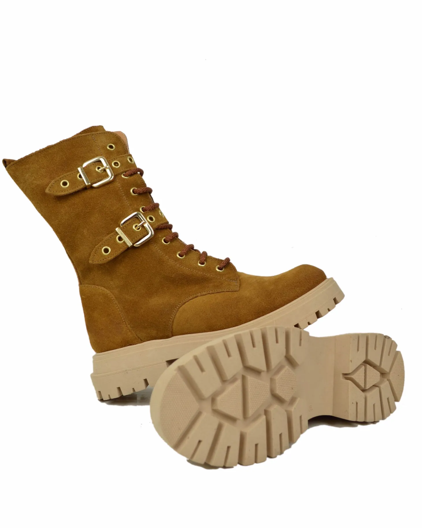 Lace-Up Suede Combat Boots with Gold Buckles – Leather Brown