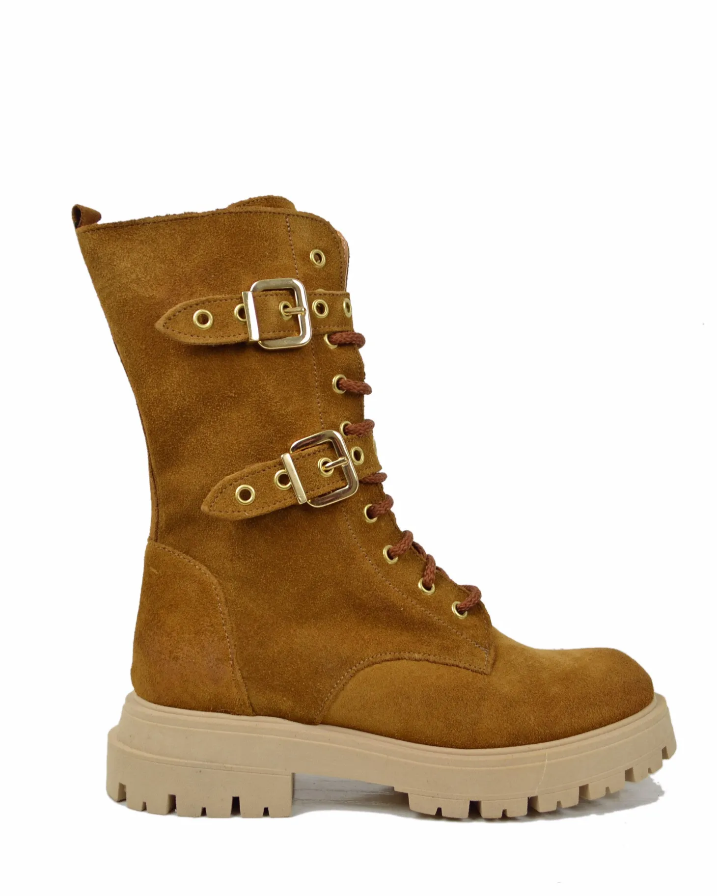 Lace-Up Suede Combat Boots with Gold Buckles – Leather Brown