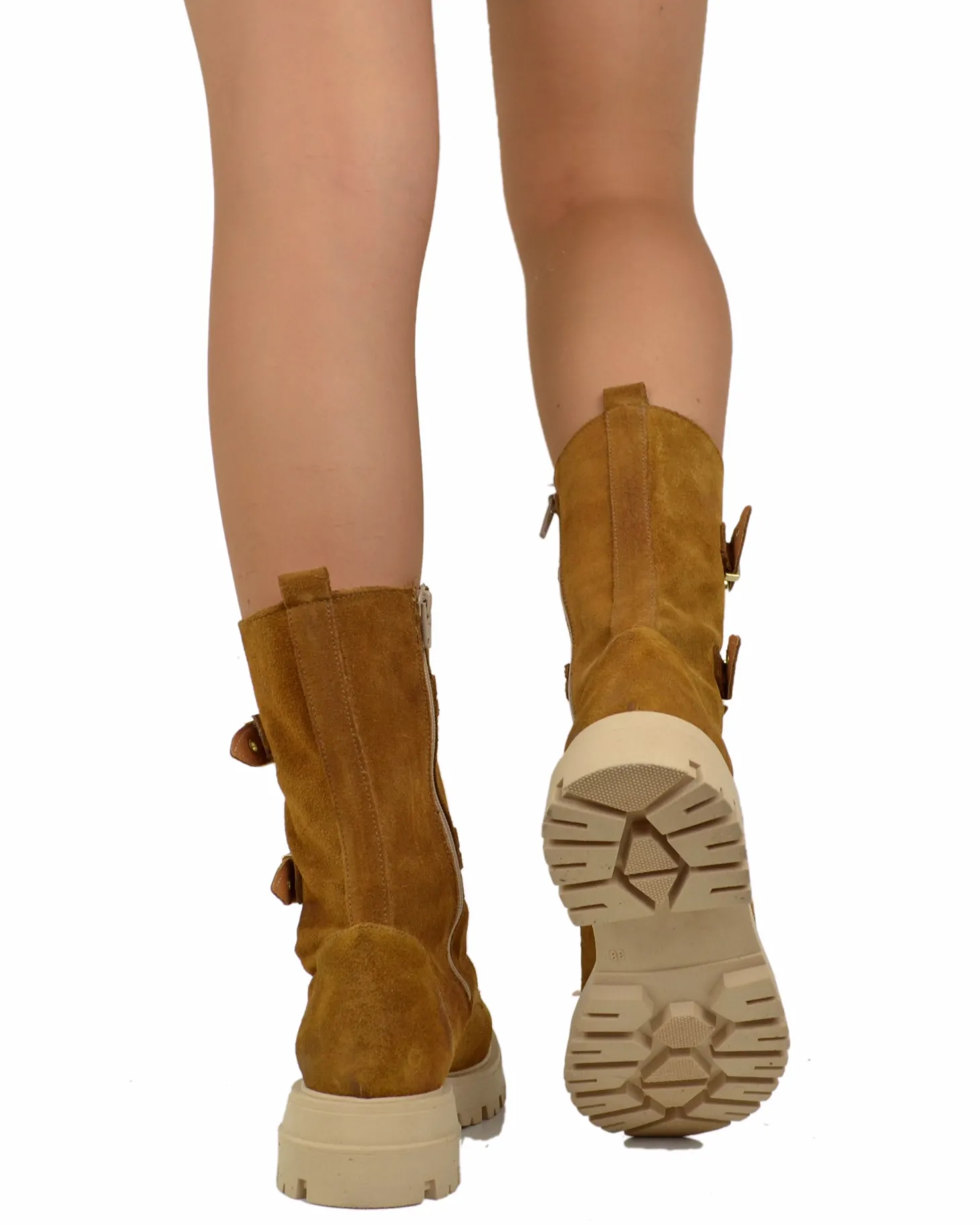 Lace-Up Suede Combat Boots with Gold Buckles – Leather Brown