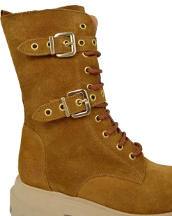 Lace-Up Suede Combat Boots with Gold Buckles – Leather Brown
