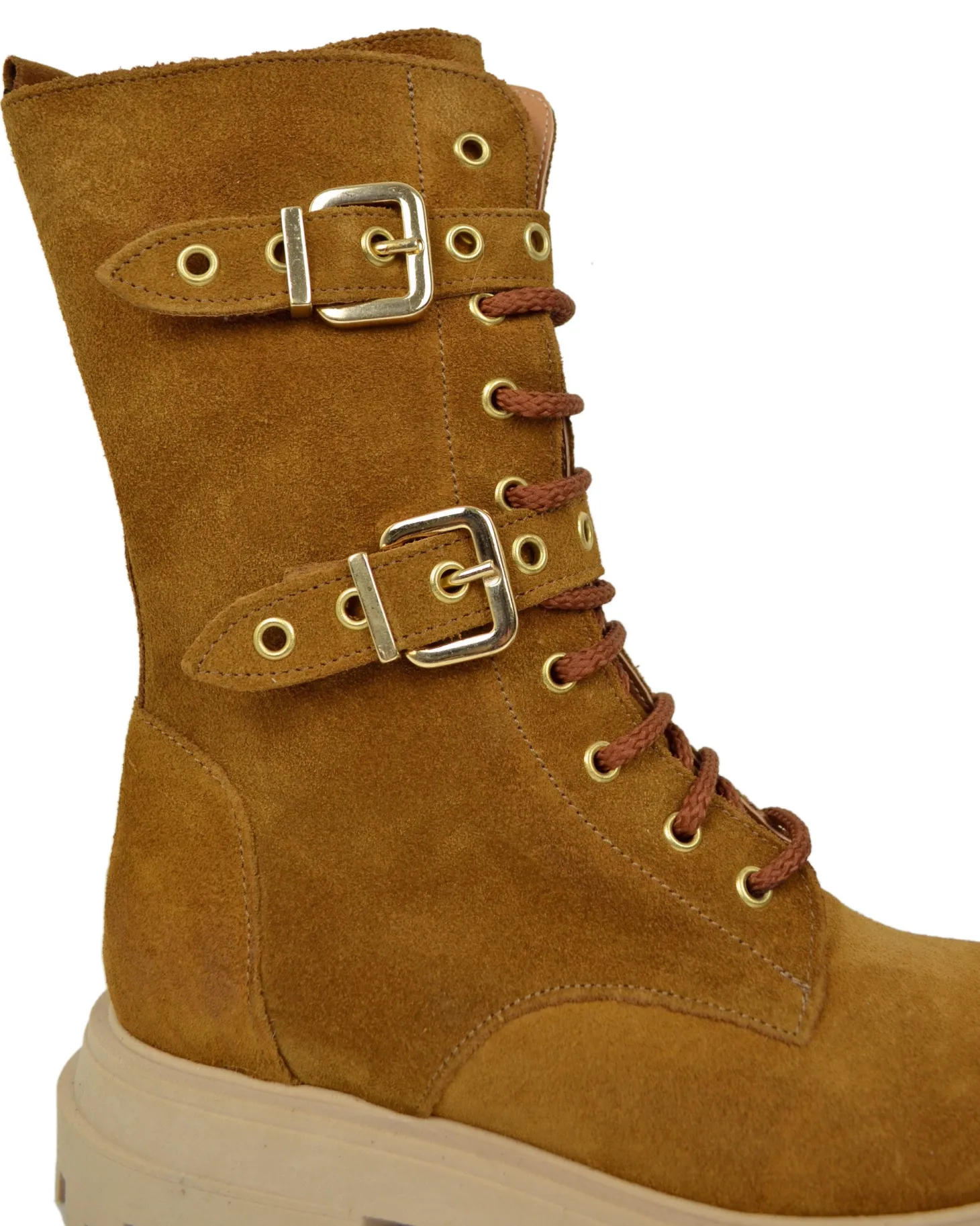 Lace-Up Suede Combat Boots with Gold Buckles – Leather Brown
