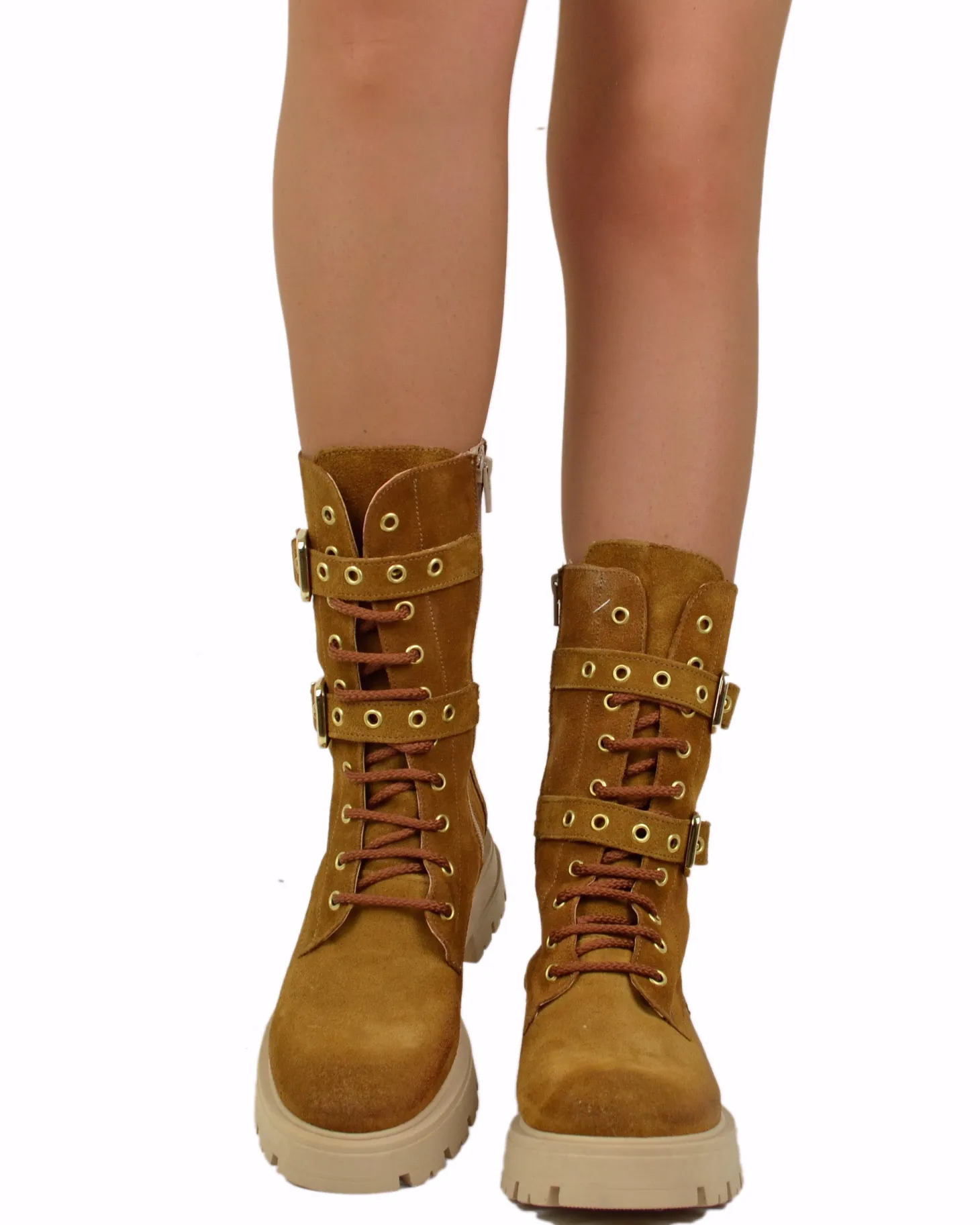 Lace-Up Suede Combat Boots with Gold Buckles – Leather Brown