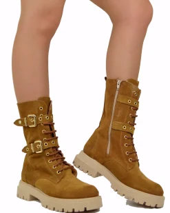 Lace-Up Suede Combat Boots with Gold Buckles – Leather Brown
