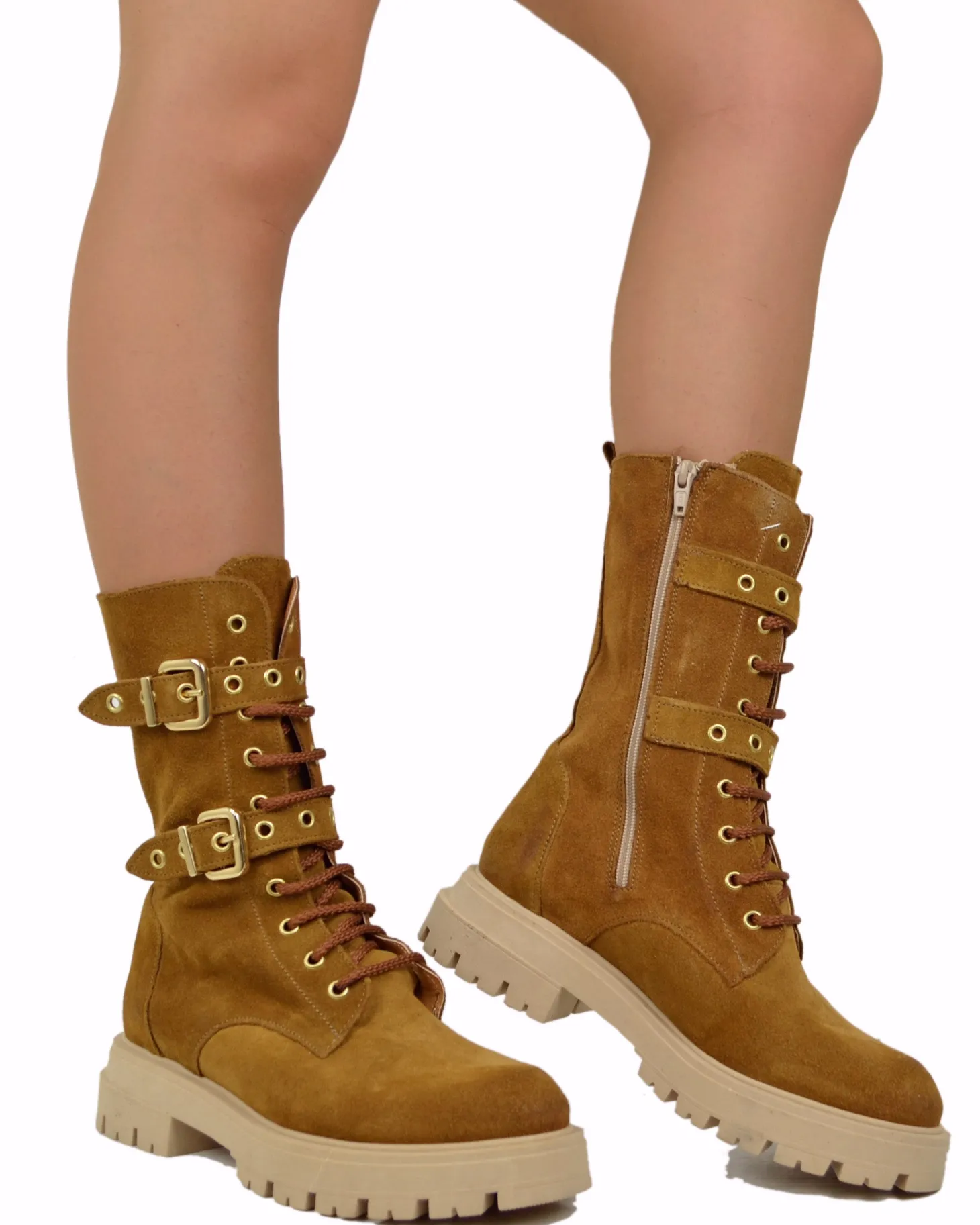 Lace-Up Suede Combat Boots with Gold Buckles – Leather Brown