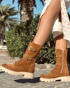 Lace-Up Suede Combat Boots with Gold Buckles – Leather Brown
