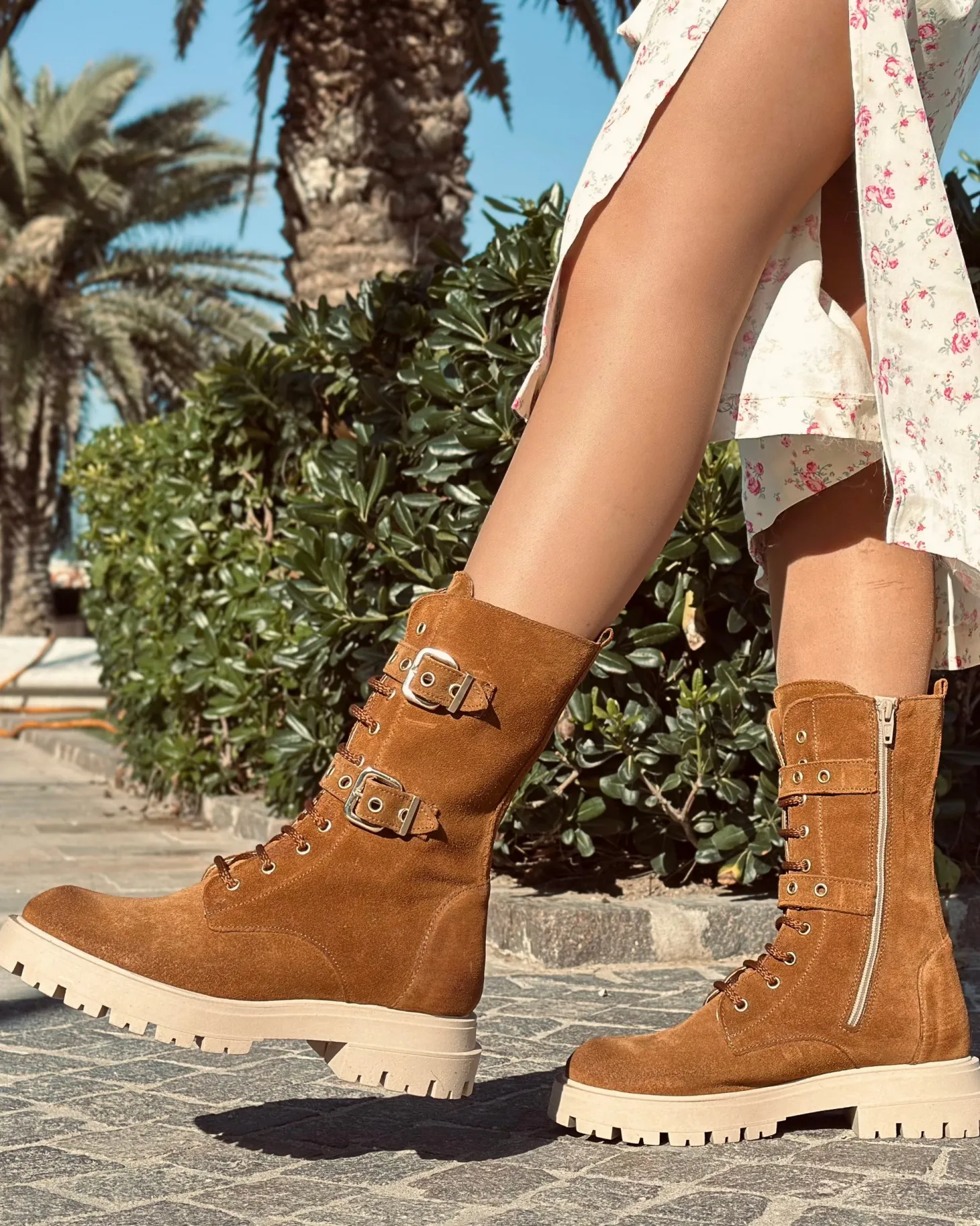 Lace-Up Suede Combat Boots with Gold Buckles – Leather Brown