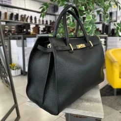 Large Black Bag Golden Accessory Semi-Rigid Roomy Genuine Leather "GIL