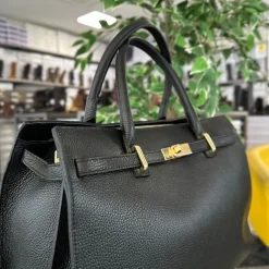 Large Black Bag Golden Accessory Semi-Rigid Roomy Genuine Leather "GIL