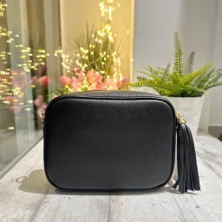 LARGE Square Bag with Tassel and Zip GENUINE Black LEATHER with should