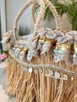 Large Straw Bag with Lace and Pearls Sea Picnic Estela