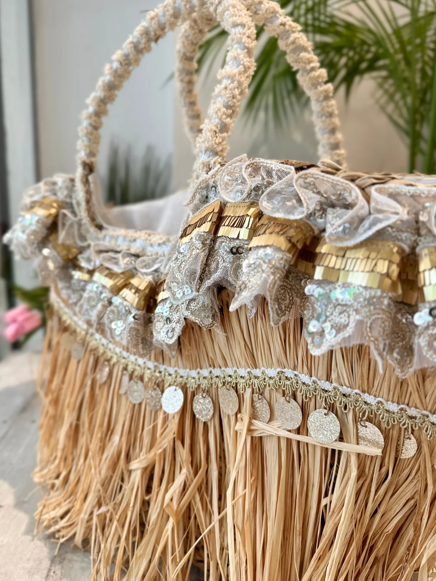 Large Straw Bag with Lace and Pearls Sea Picnic Estela