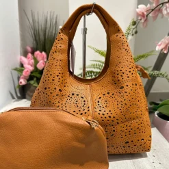 Laser-Cut Faux Leather Bag with Inner Pouch and Strap – Tan, BRIDGET