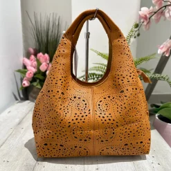 Laser-Cut Faux Leather Bag with Inner Pouch and Strap – Tan, BRIDGET