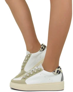 Leopard Print Sneakers with Rhinestone Buttons in Leather and Suede Be