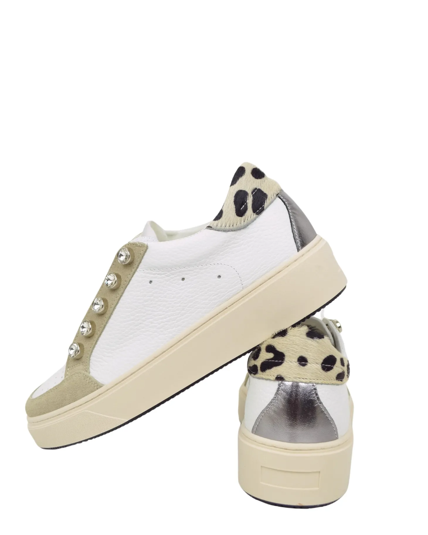 Leopard Print Sneakers with Rhinestone Buttons in Leather and Suede Be
