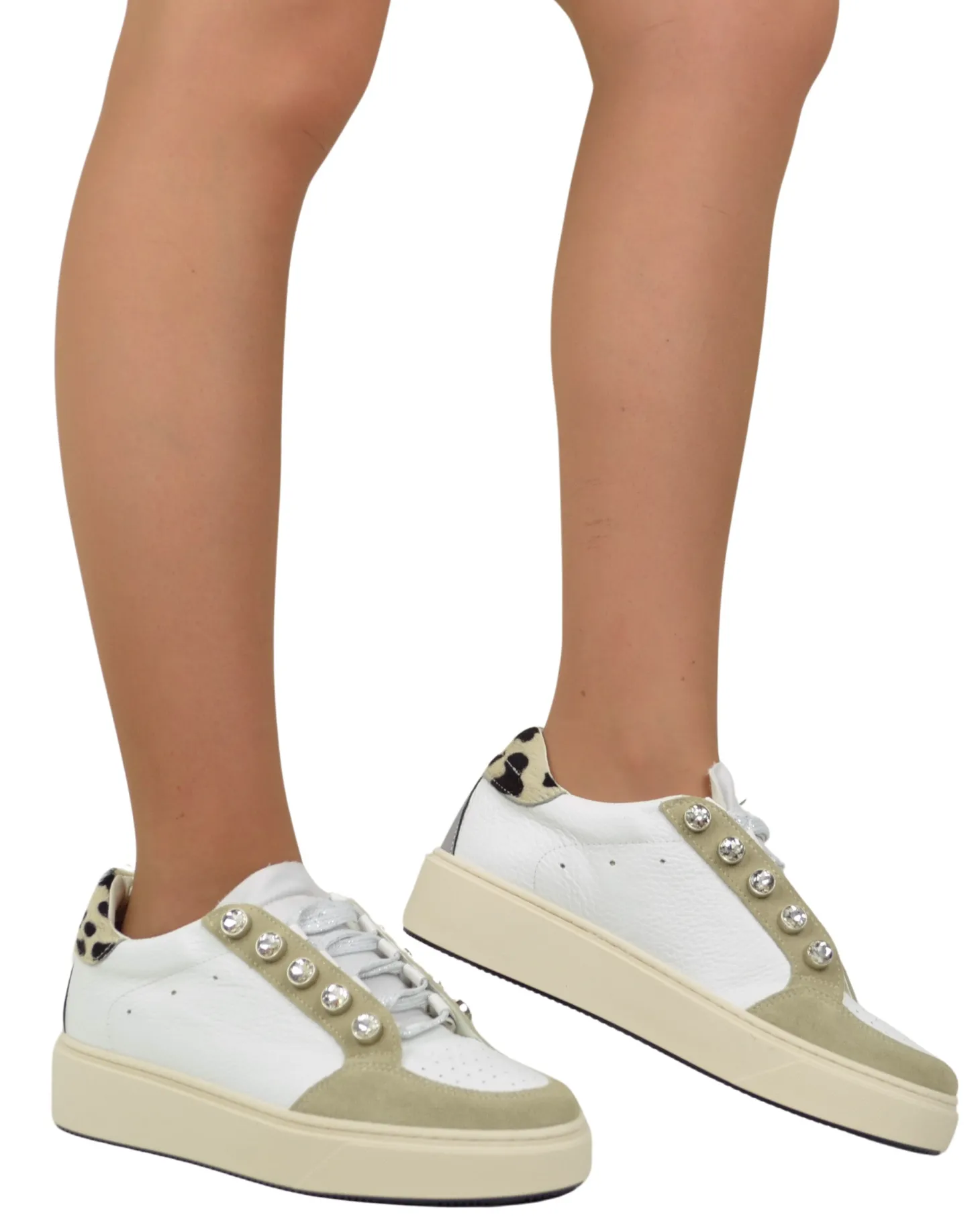 Leopard Print Sneakers with Rhinestone Buttons in Leather and Suede Be