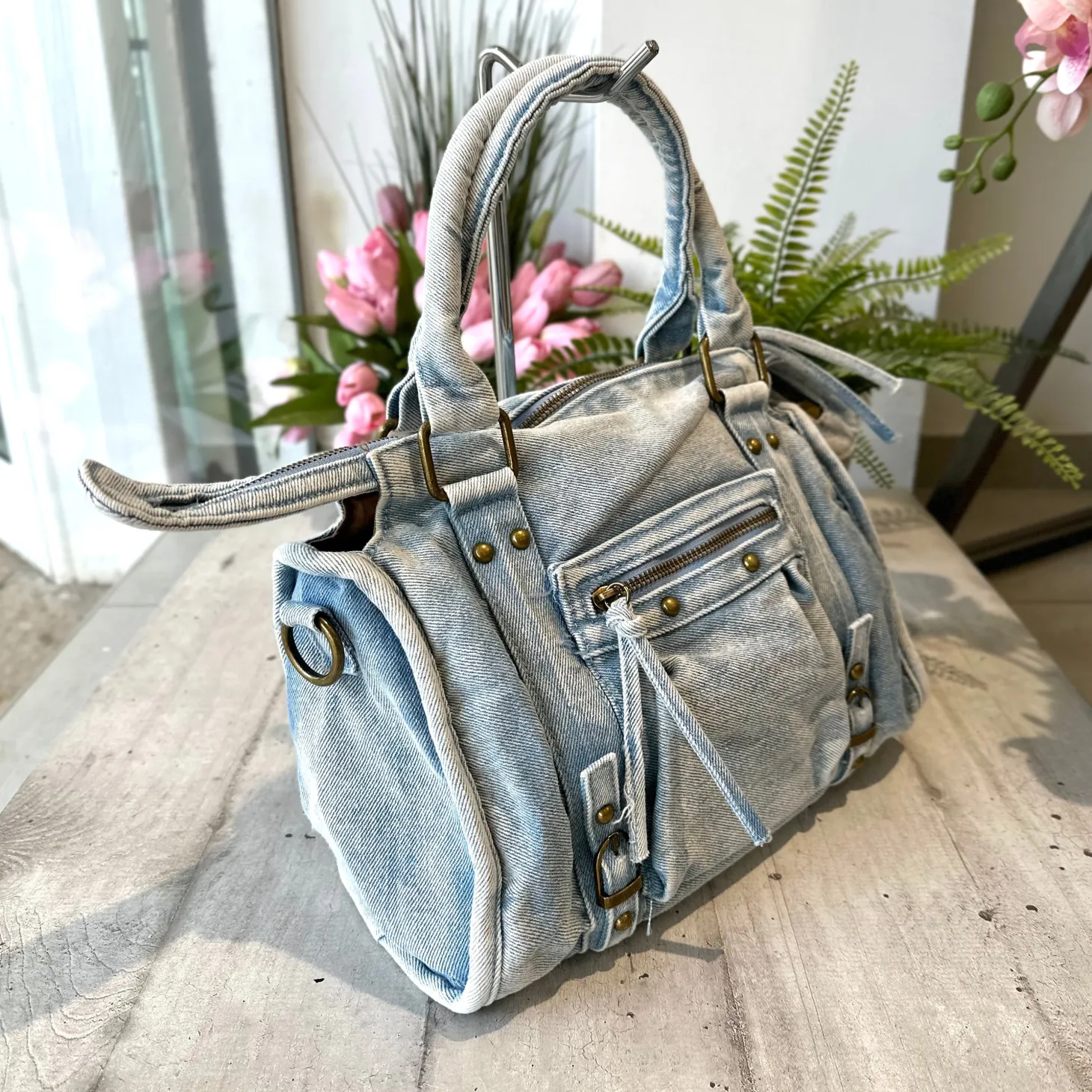 Maxi Denim Bag with Zip and Inner Strap – Dark Blue