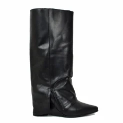 Medium Wedge Boots with Gaiter, 7 cm High, Black Leather, Elegant
