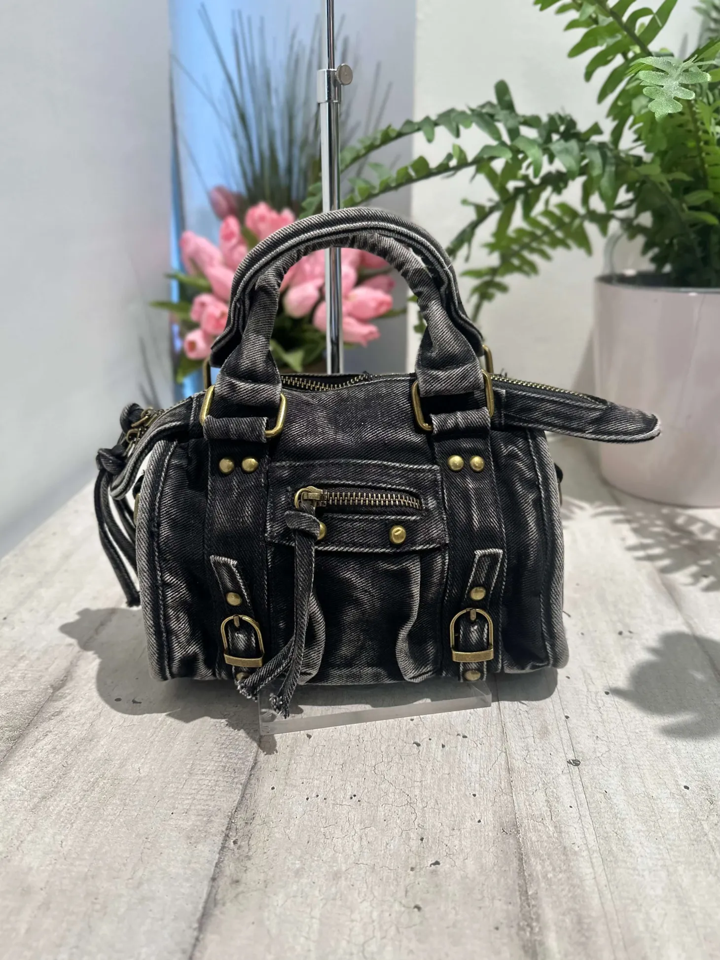 Mini Handbag in Jeans with Shoulder Strap Inside and Zip DENIM Black S