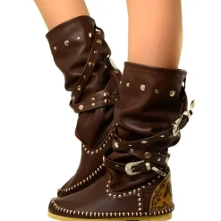 Native American Moccasin Boots Cocoa with Studs Made in Italy