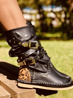 Native American Moccasin Boots Boho Black Leather with Studs Made in Italy