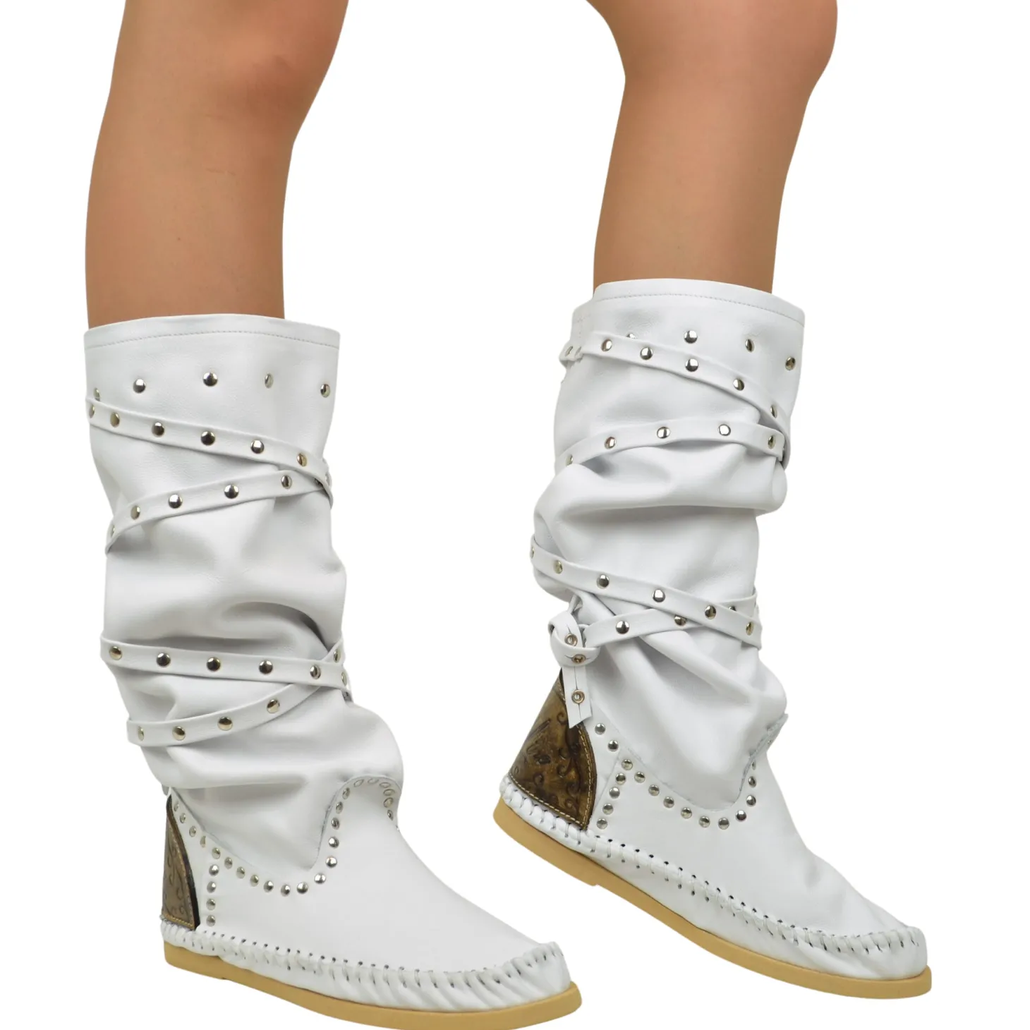 Native American Moccasin Boots Women's White Slave Laces Made in Italy