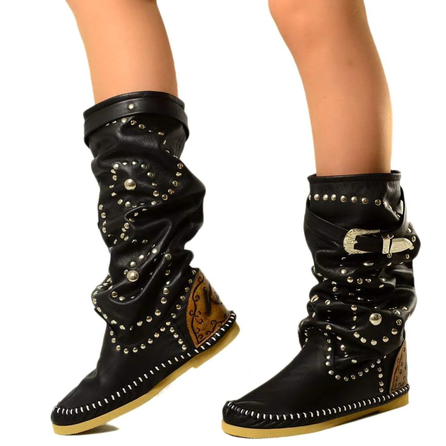 Native American Moccasin Boots Black Leather Made in Italy