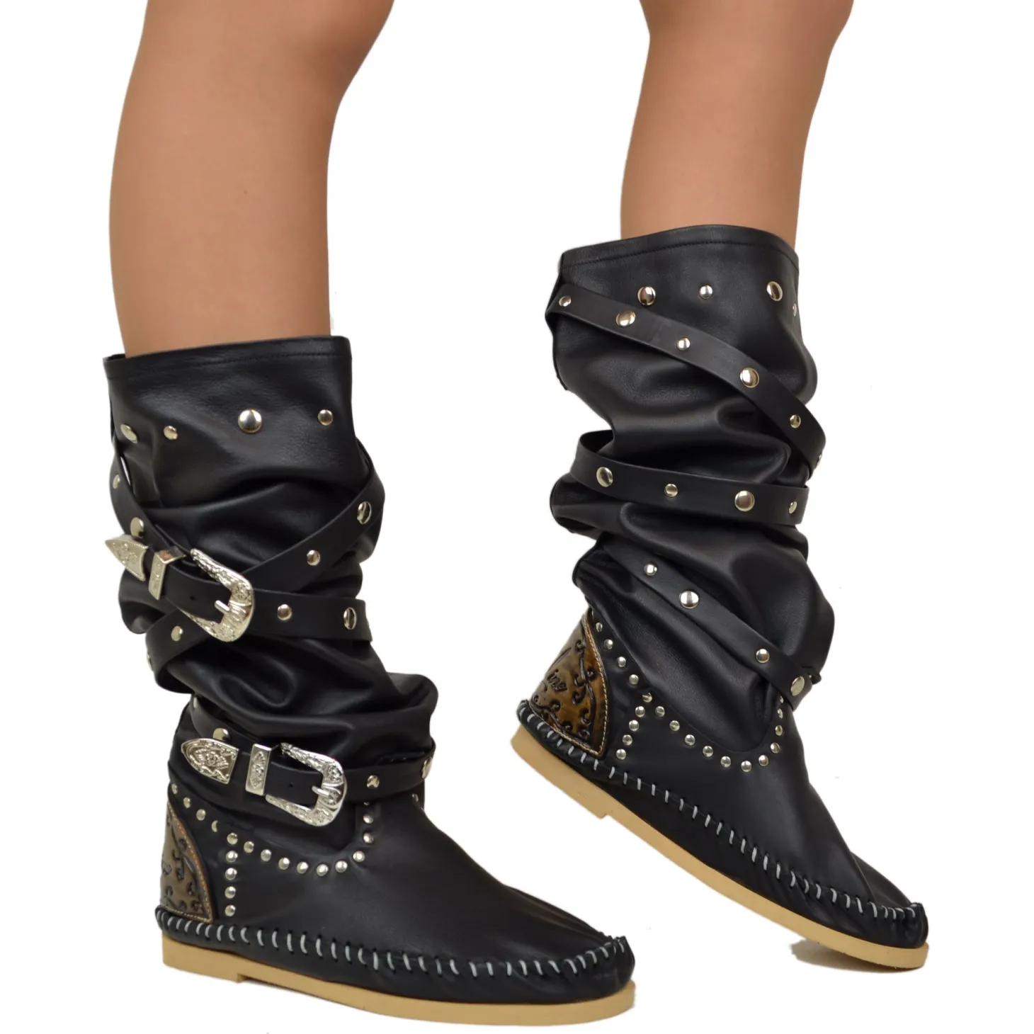 Native American Moccasin Boots Boho Black Leather with Studs Made in Italy