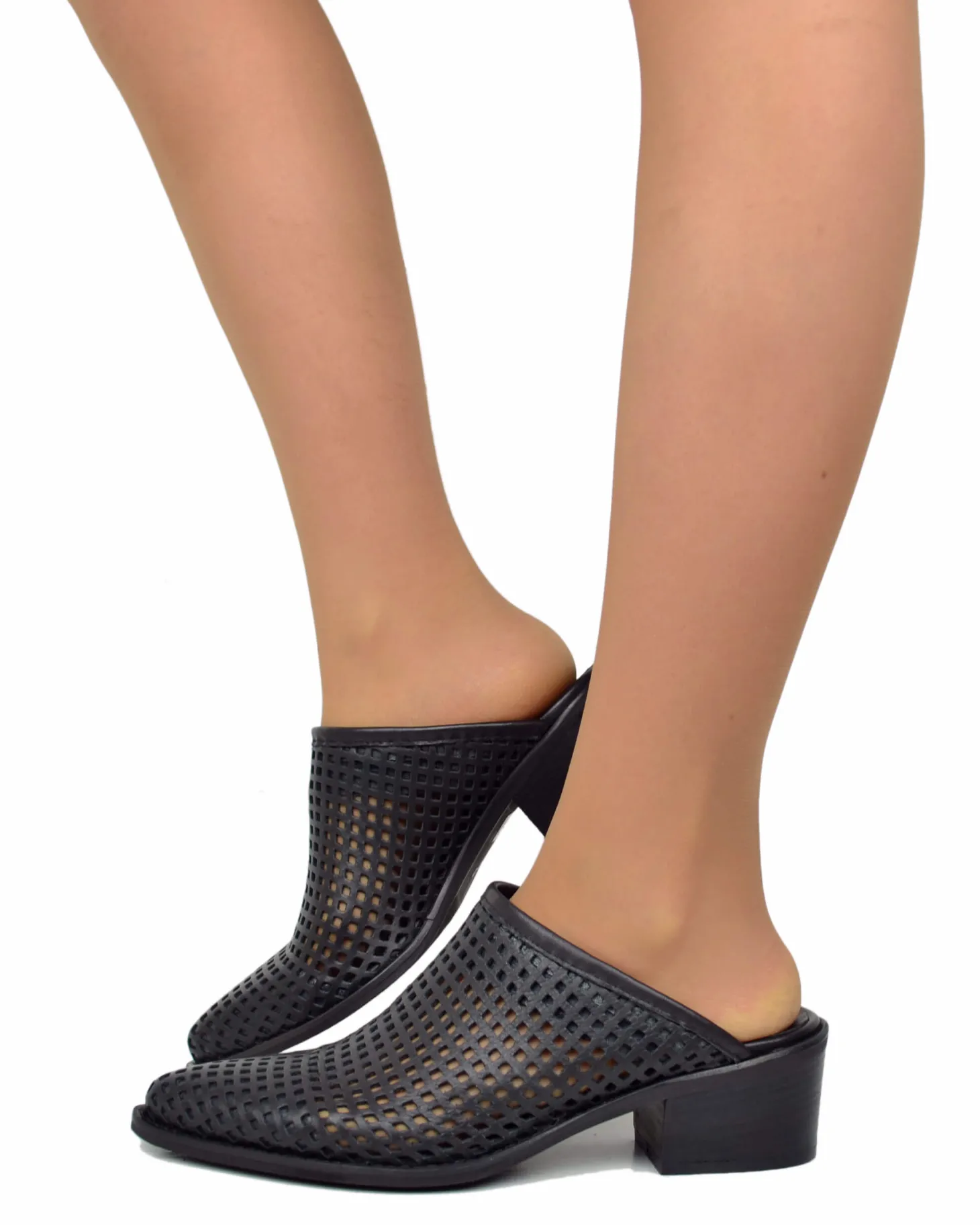 Perforated Black Leather Mules – 4 cm Heel, Made in Italy