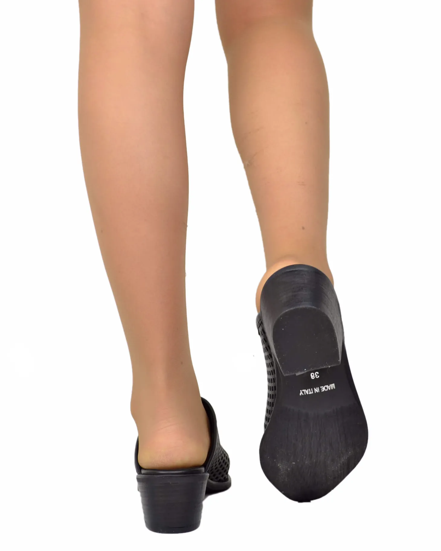Perforated Black Leather Mules – 4 cm Heel, Made in Italy