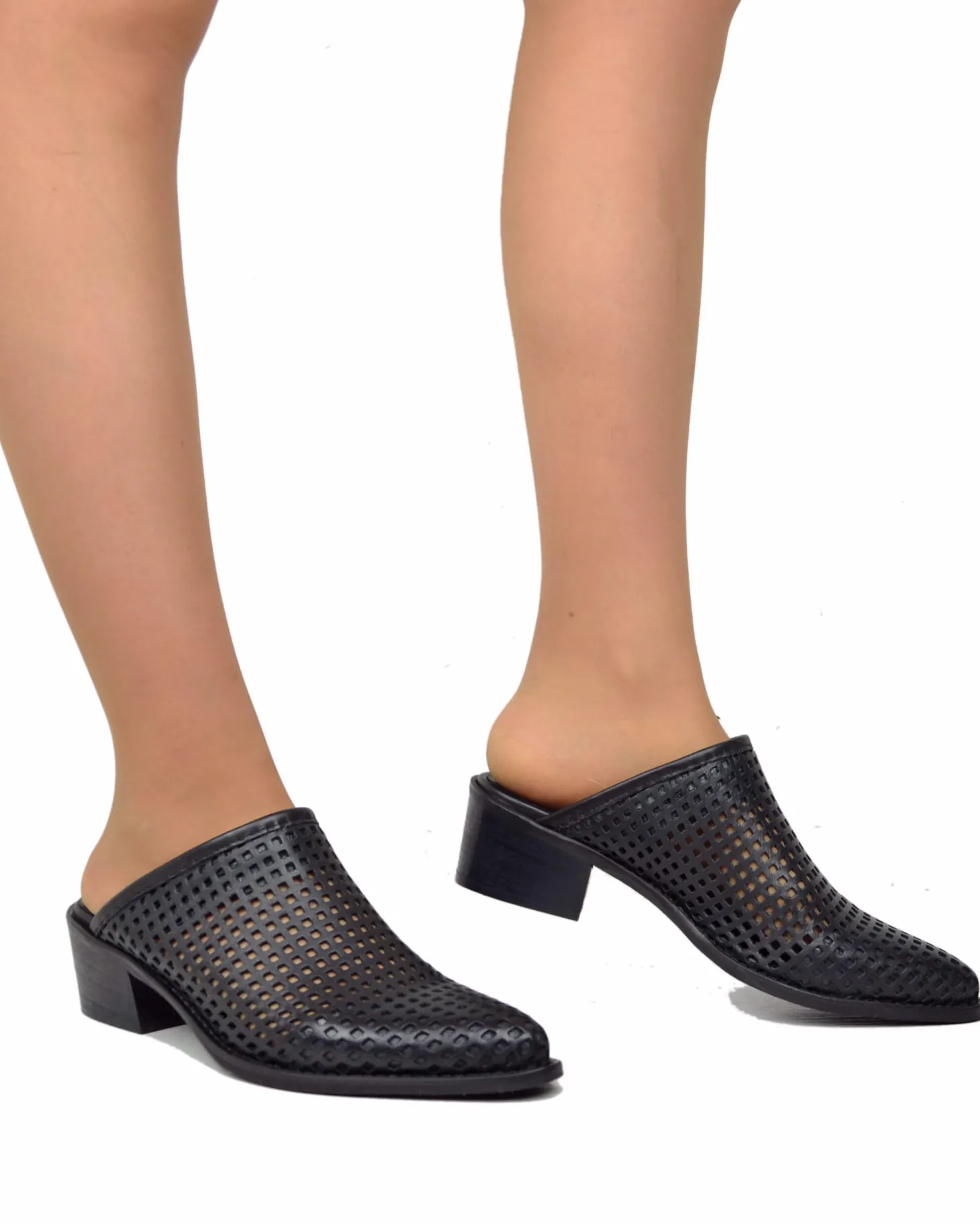 Perforated Black Leather Mules – 4 cm Heel, Made in Italy
