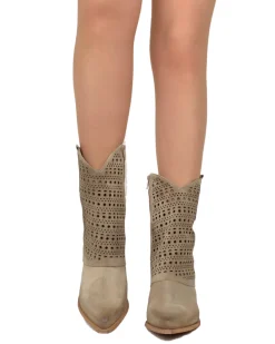 Perforated Cuff Suede Cowboy Boots – 6 cm Heel, Taupe