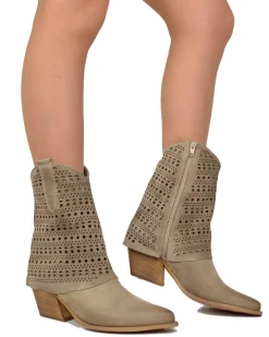 Perforated Cuff Suede Cowboy Boots – 6 cm Heel, Taupe